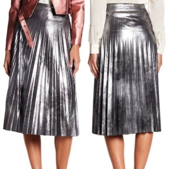 Romeo Juliet Couture Skirt Grunge Pleated Metallic Distressed Silver Midi S - Picture 1 of 14